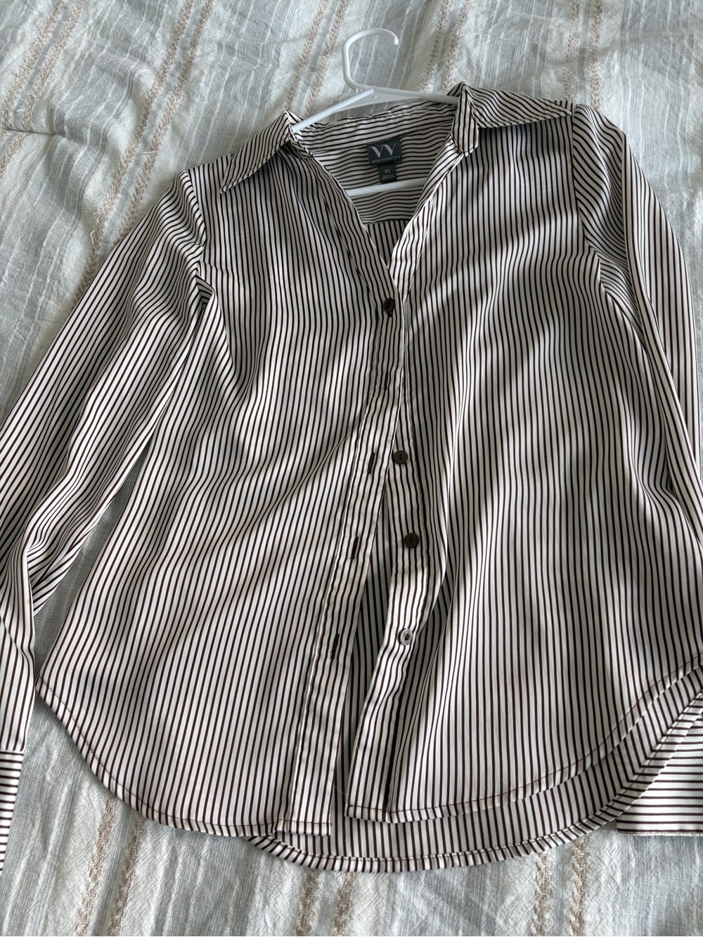 Women's V-Neck Collection Striped Button-Up Shirt - Brown & White